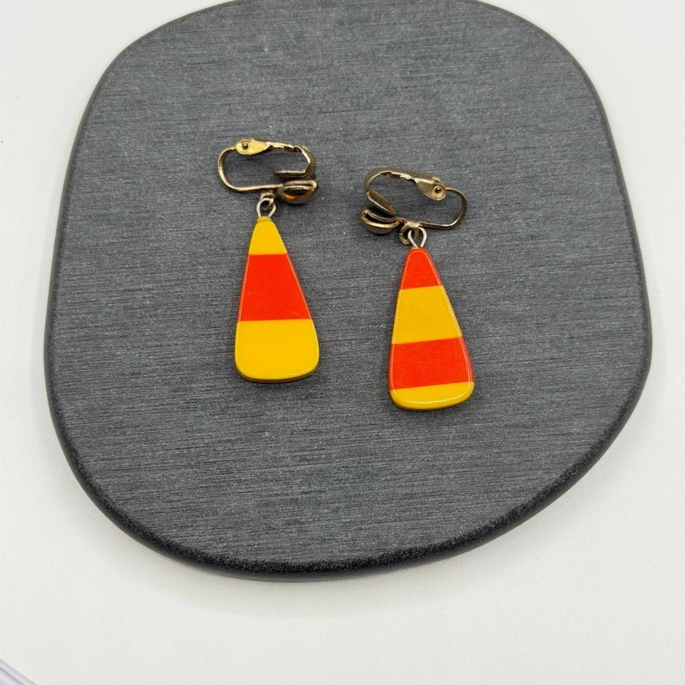 Orange Yellow Striped Drop Earrings Clip On Mod Retro Geometric Dangle 1970s